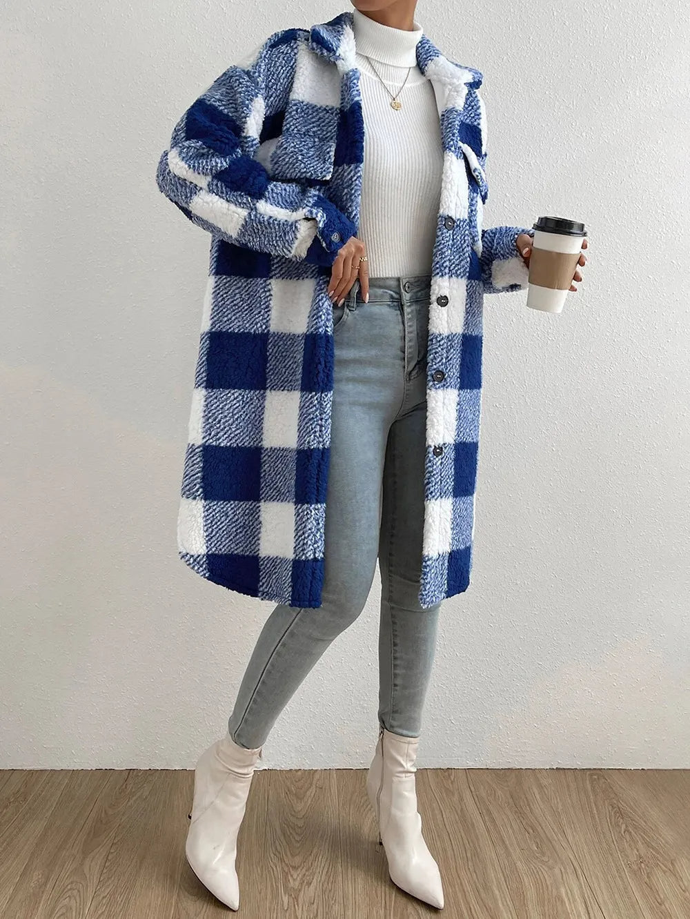 Ida - Rutet Midi Teddy Frakke til Dame Vinterfrakke Fleece