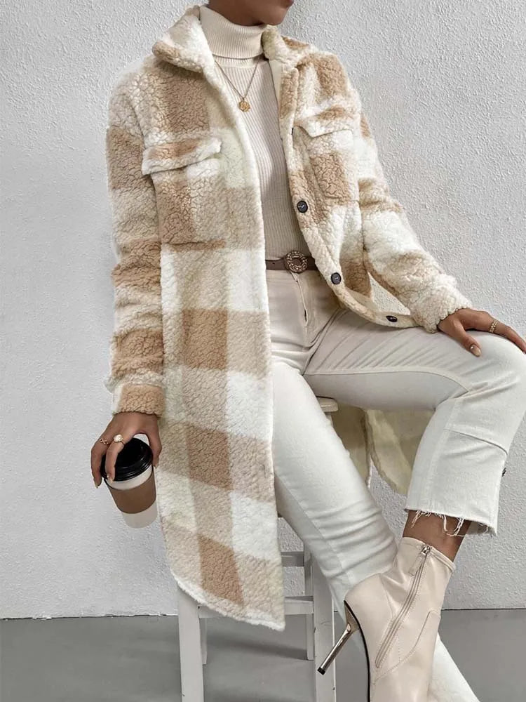 Ida - Rutet Midi Teddy Frakke til Dame Vinterfrakke Fleece