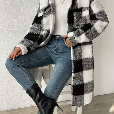 Ida - Rutet Midi Teddy Frakke til Dame Vinterfrakke Fleece