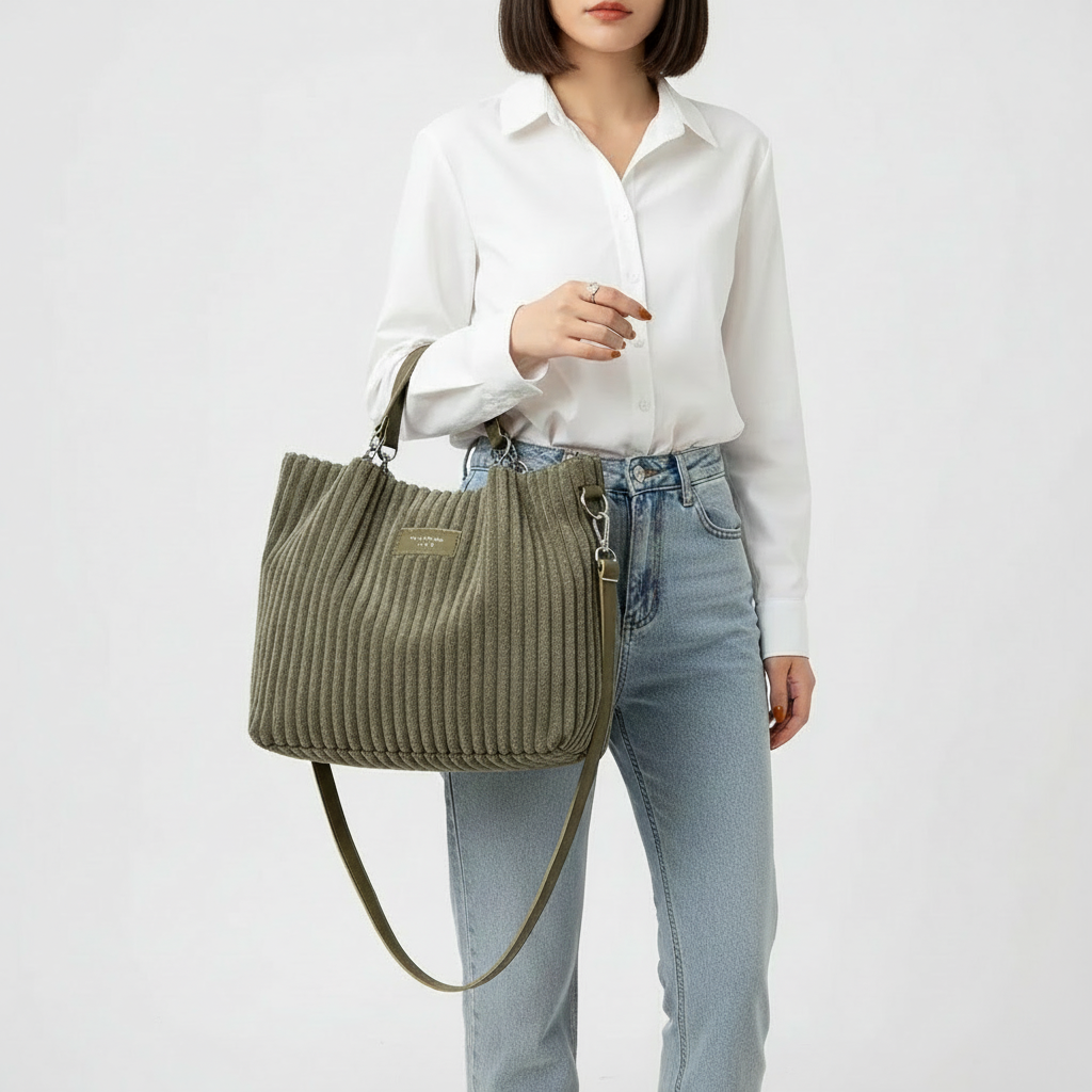 Julia™ – Tote Taske i Bomuldsvelour med Læderdetaljer