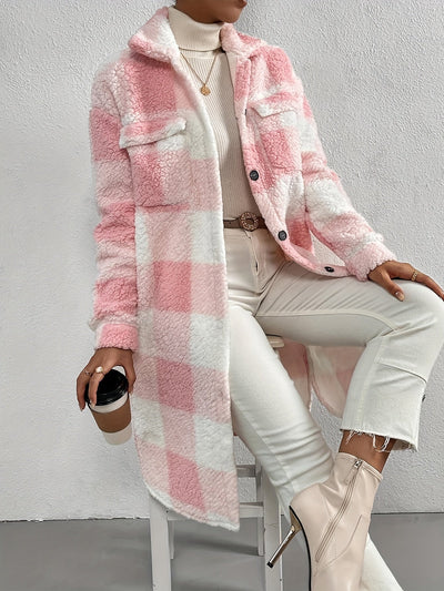 Ida - Rutet Midi Teddy Frakke til Dame Vinterfrakke Fleece