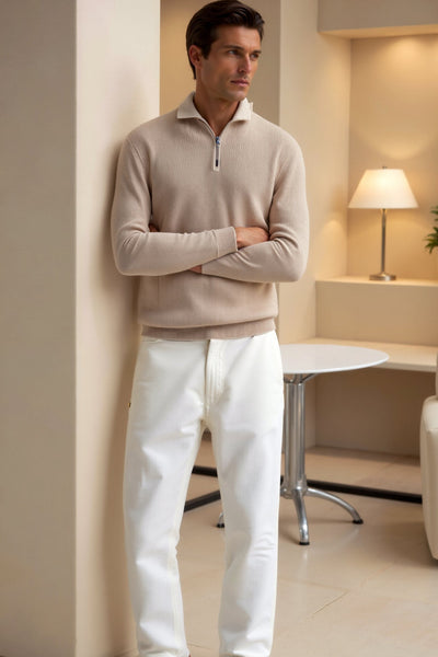 Topman | Klassisk herre striktrøje med lynlås – pullover i uld