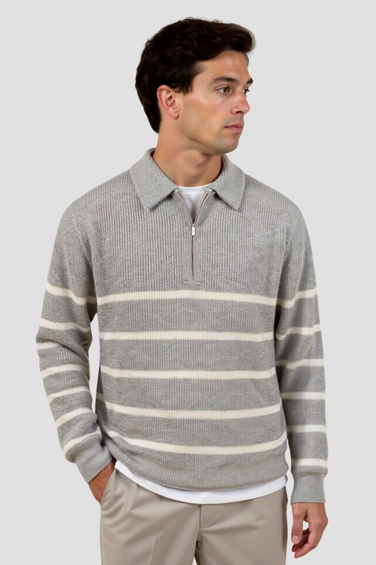 Ikon | Stribet herre sweater med lynlås – casual striktrøje