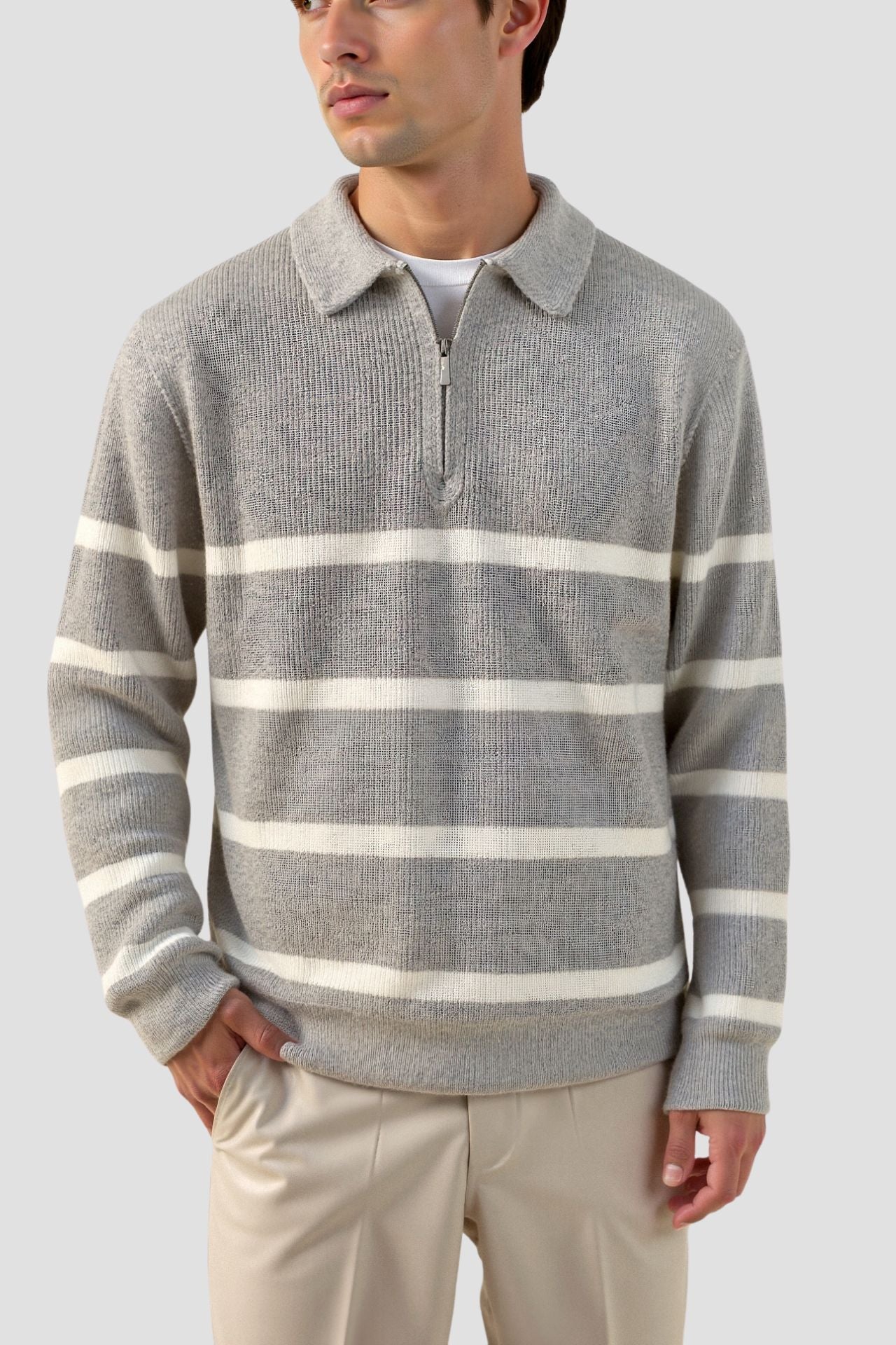 Ikon | Stribet herre sweater med lynlås – casual striktrøje